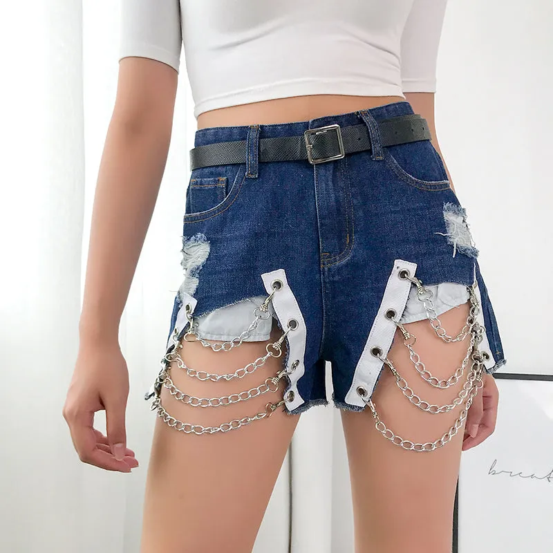 Chains Blue Jeans Short Pants