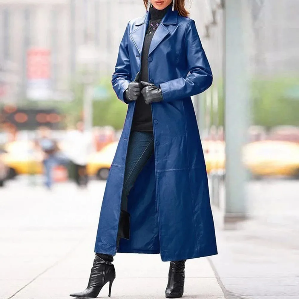 Women Autumn Winter Solid Color Faux Leather Long Slim Wind Jacket/Black Trench